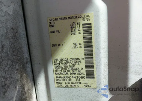 2016 Nissan Maxima 3.5 Sv из США, поврежденный, VIN 1N4AA6AP6GC443090